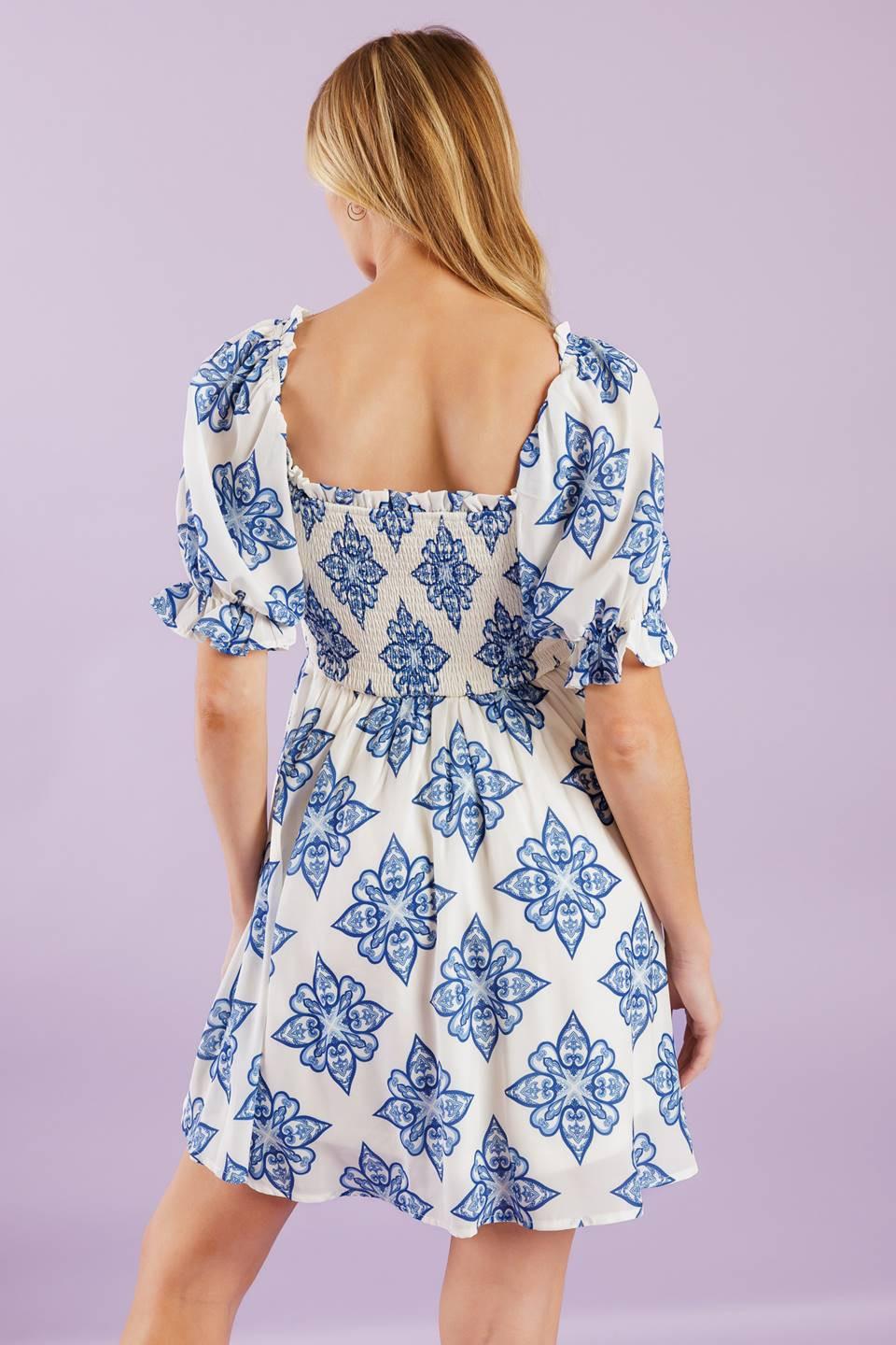 Through the Garden Woven Mini Dress in off-white blue, view 4 — Soul Flow Apparel