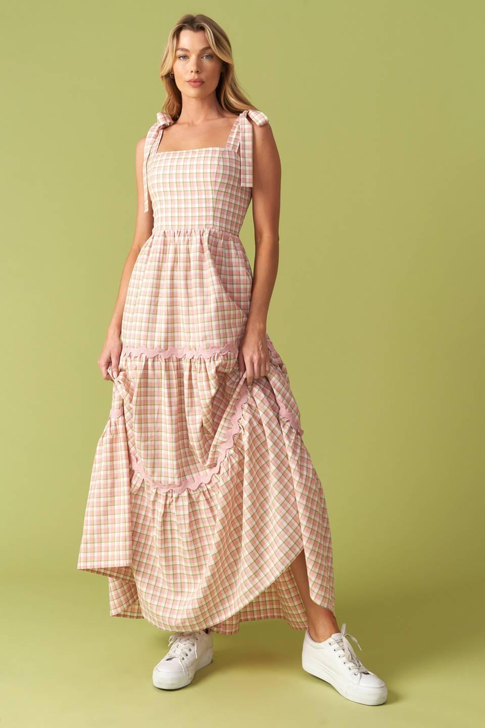 Imagine That Green Pink Plaid Midi Dress, view 1 — Soul Flow Apparel