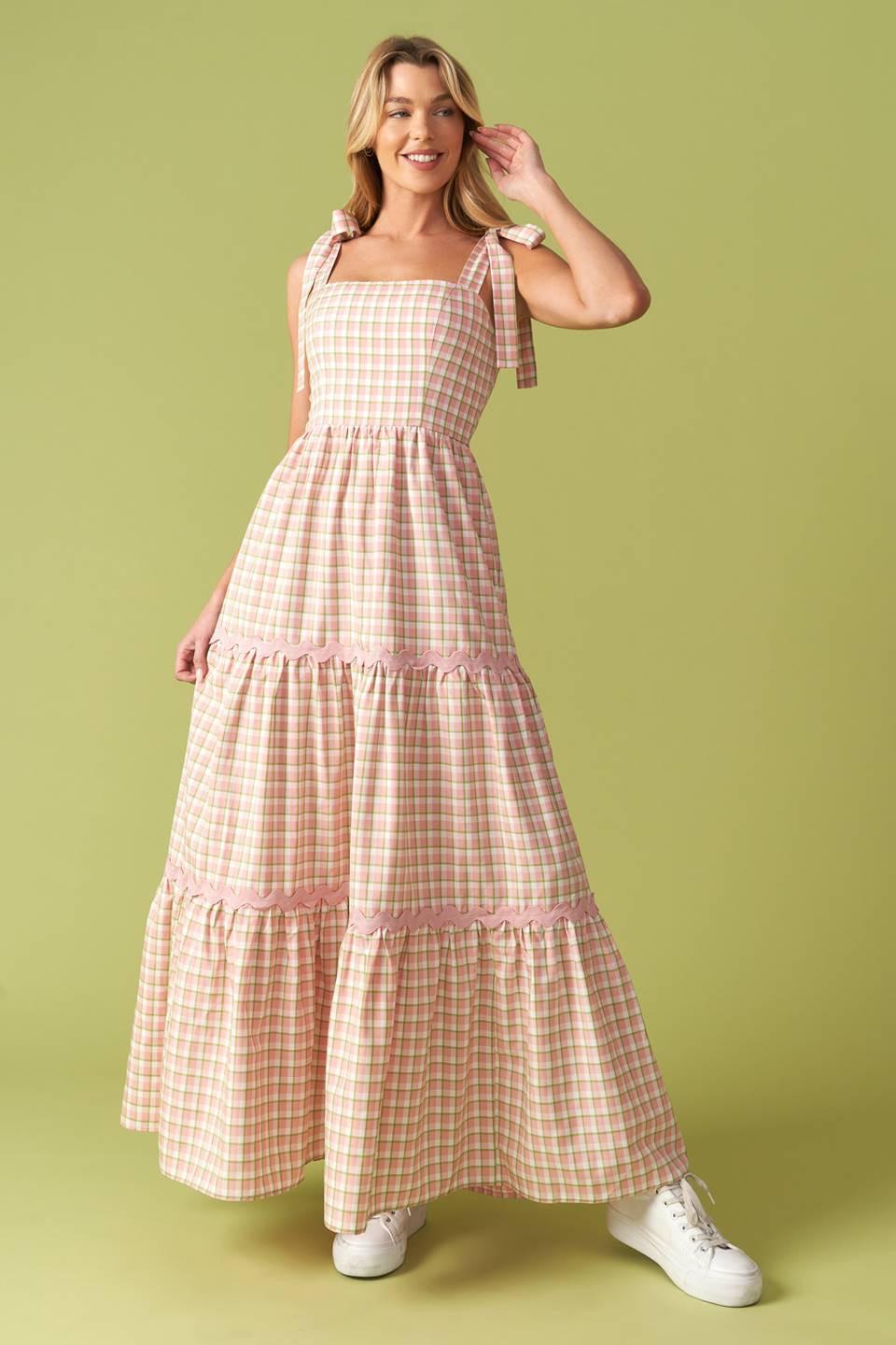 Imagine That Green Pink Plaid Midi Dress, view 2 — Soul Flow Apparel