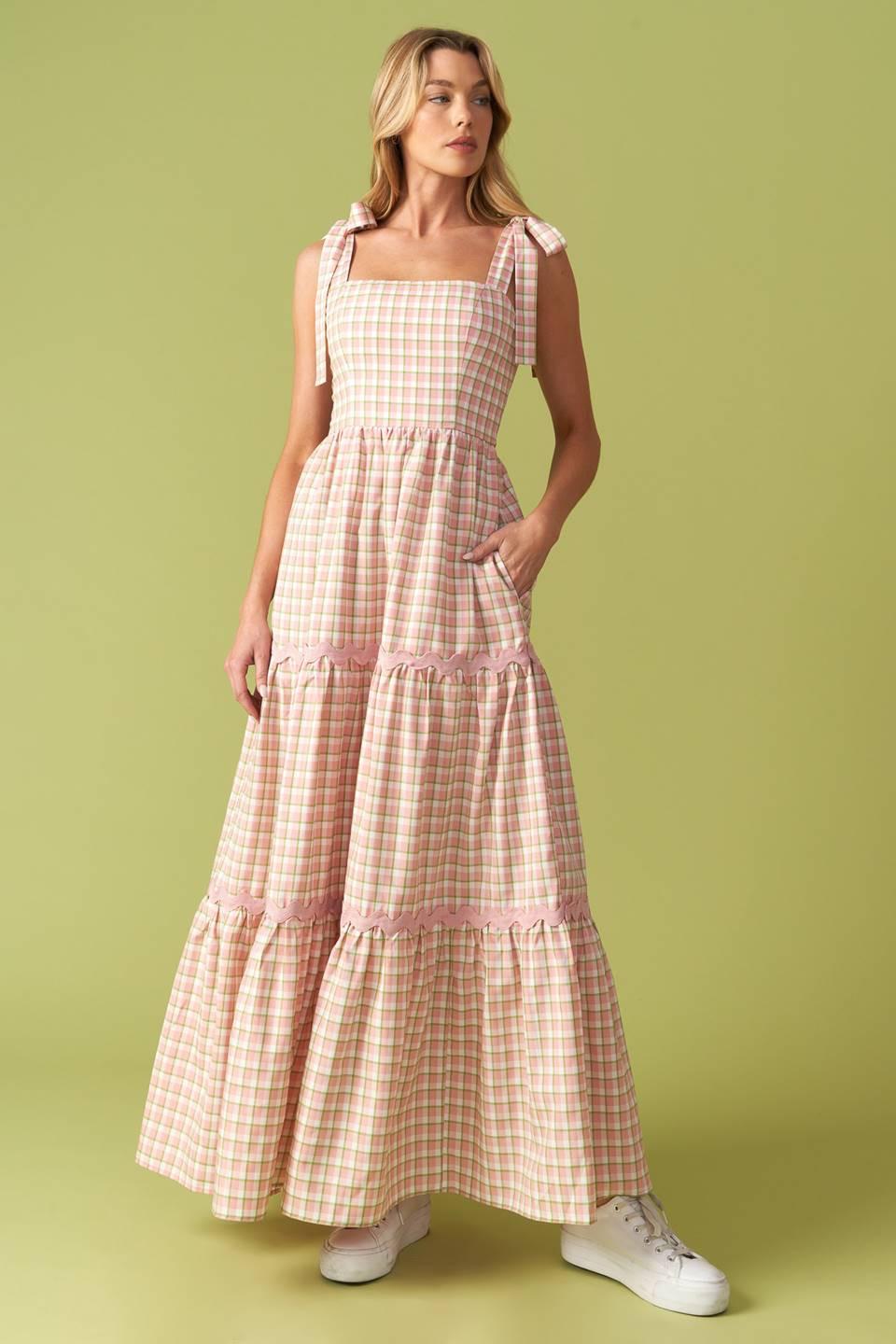 Imagine That Green Pink Plaid Midi Dress, view 3 — Soul Flow Apparel
