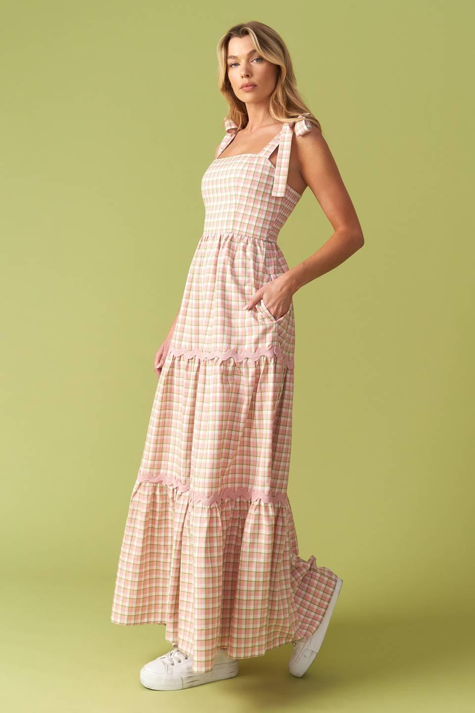 Imagine That Green Pink Plaid Midi Dress, view 4 — Soul Flow Apparel