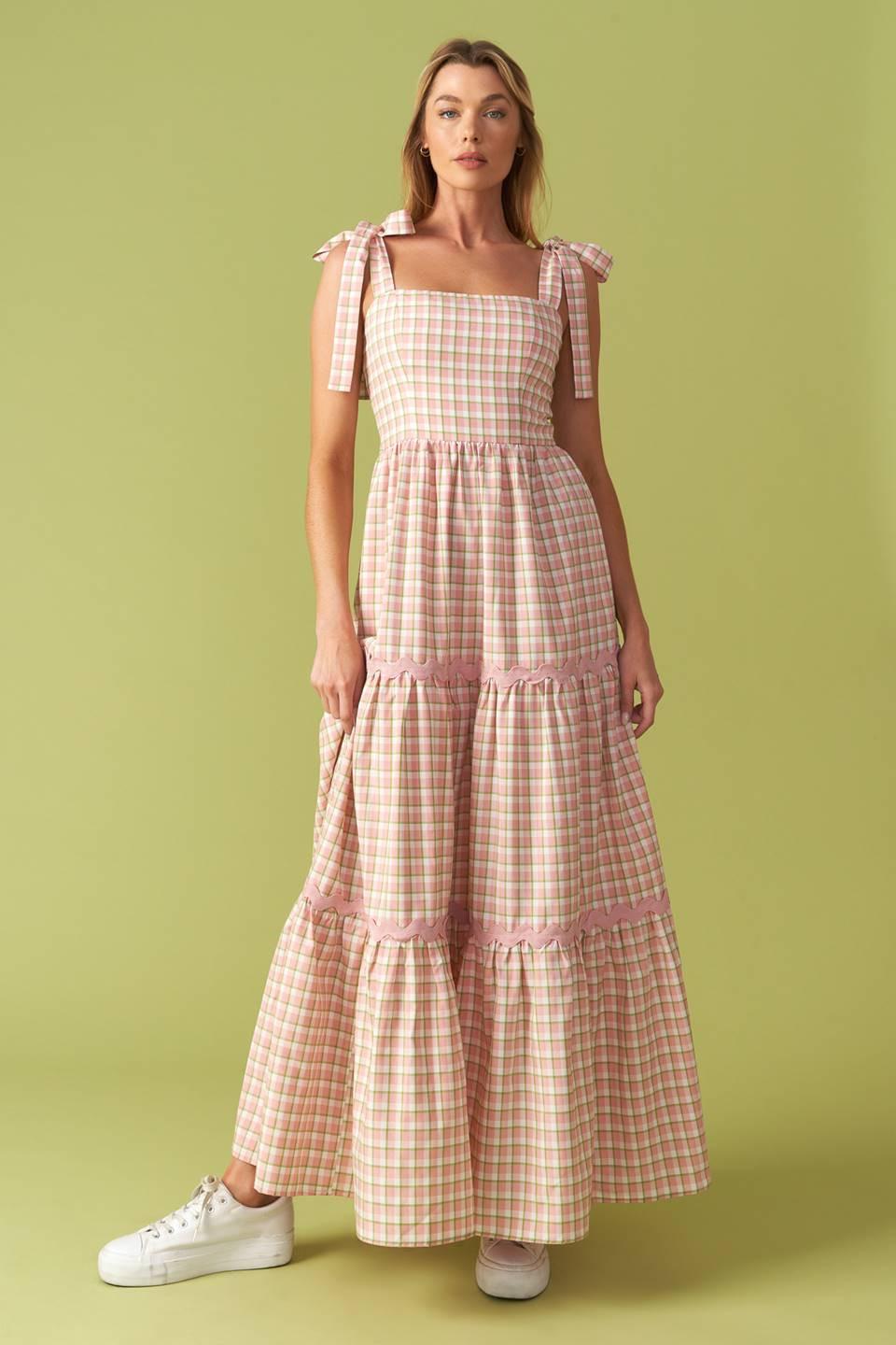Imagine That Green Pink Plaid Midi Dress, view 6 — Soul Flow Apparel