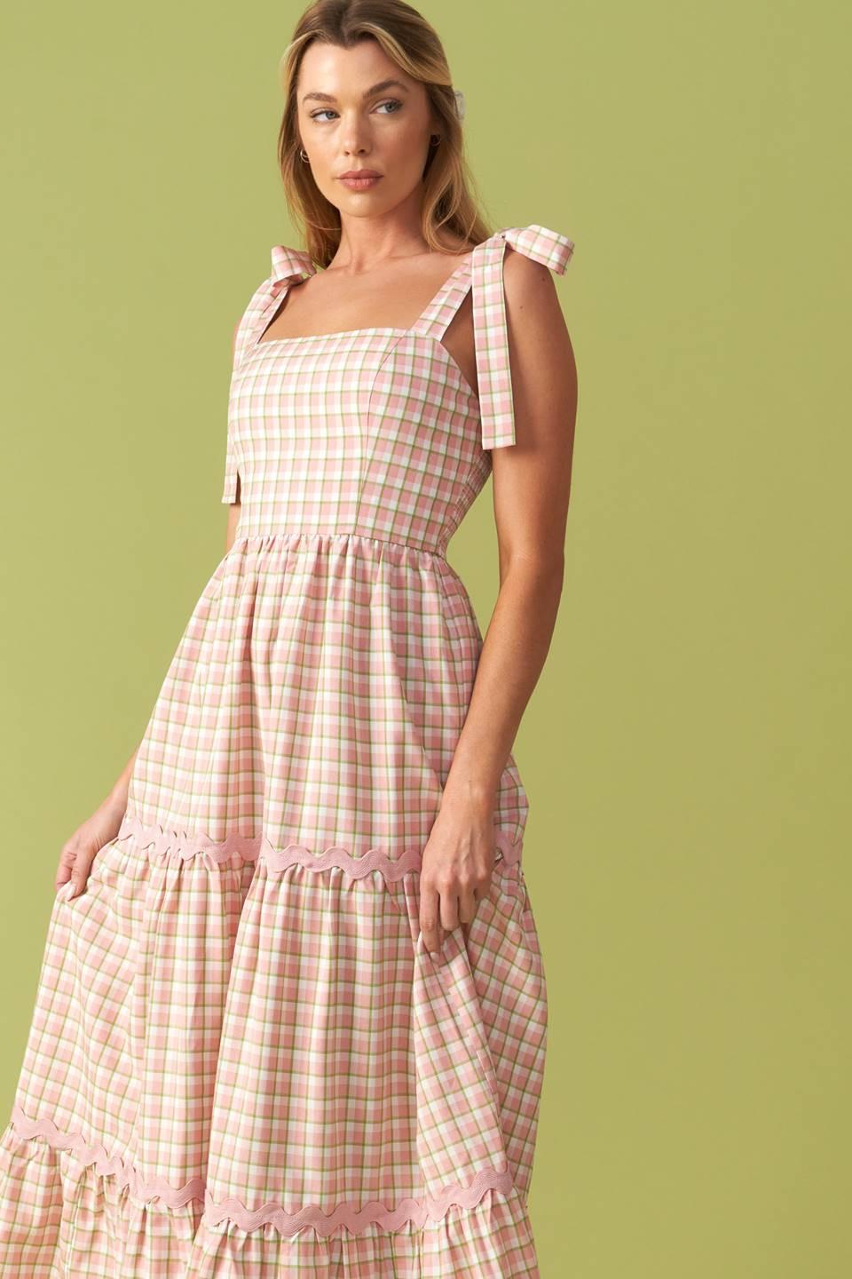 Imagine That Green Pink Plaid Midi Dress, view 7 — Soul Flow Apparel