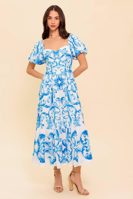 A Work of Art Blue Woven Midi Dress in white, view 1 — Soul Flow Apparel