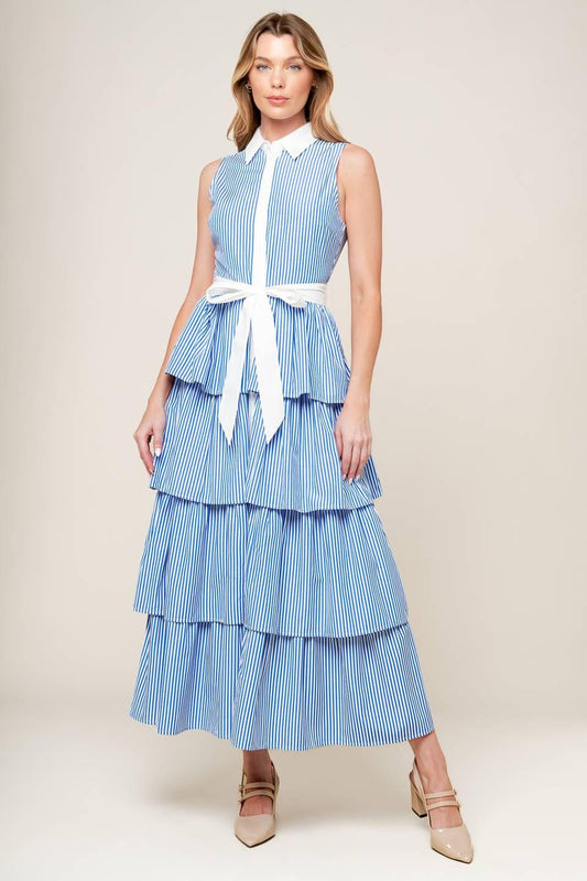 A Touch of Grace Woven Midi Dress in blue white stripe, view 1 — Soul Flow Apparel