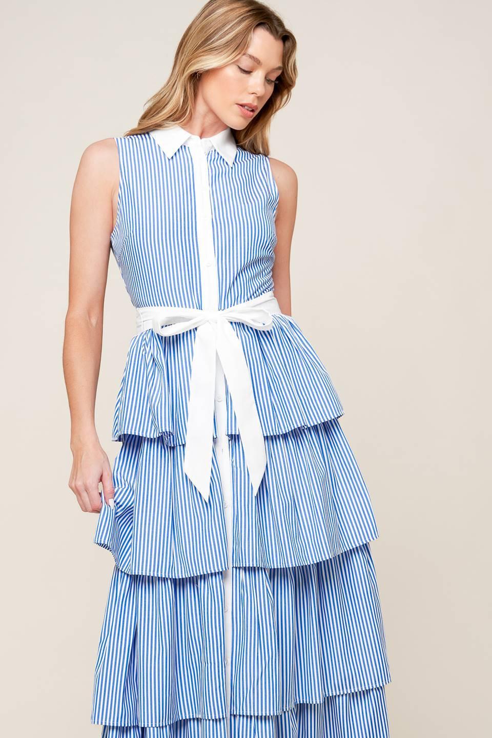 A Touch of Grace Woven Midi Dress in blue white stripe, view 2 — Soul Flow Apparel