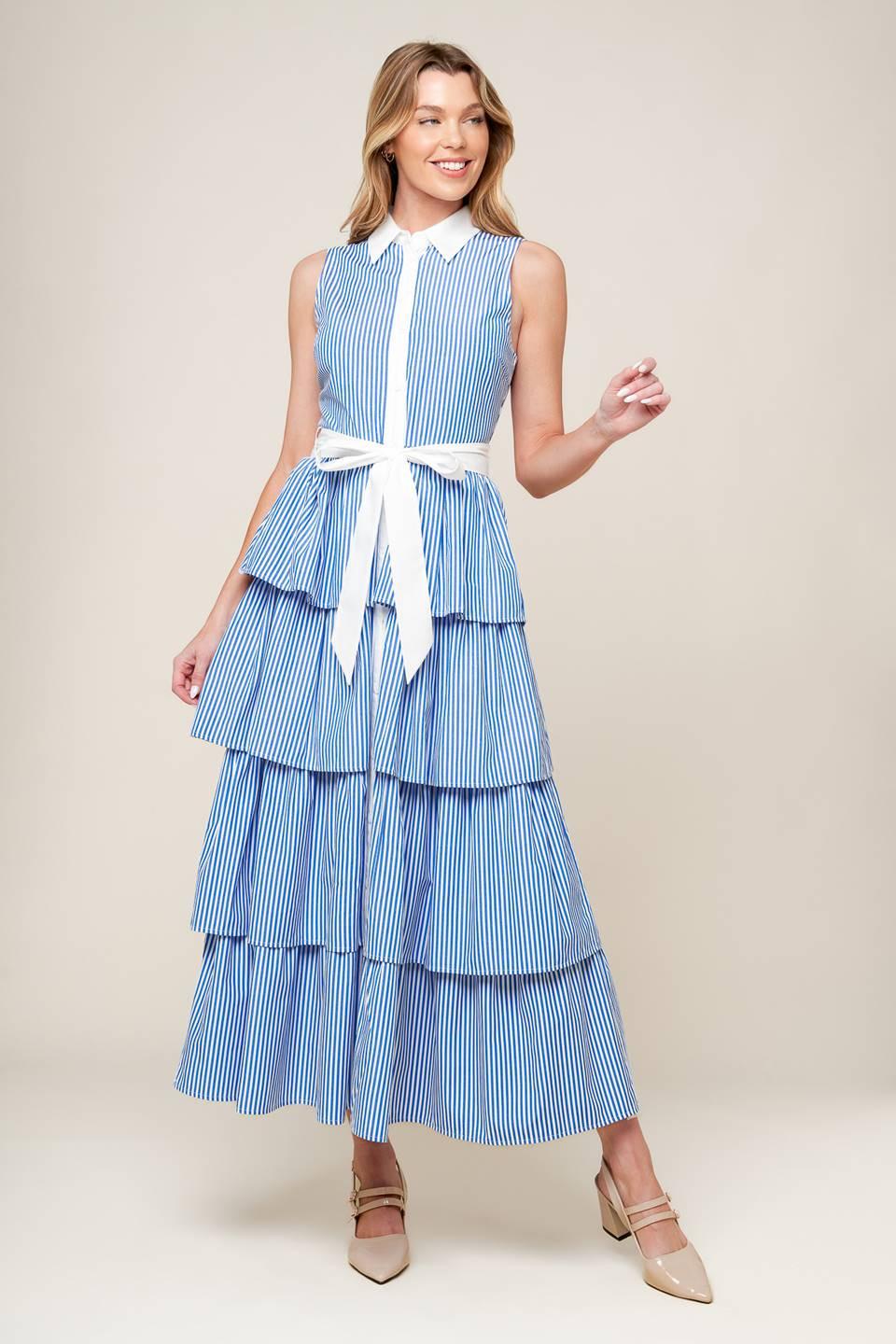 A Touch of Grace Woven Midi Dress in blue white stripe, view 3 — Soul Flow Apparel