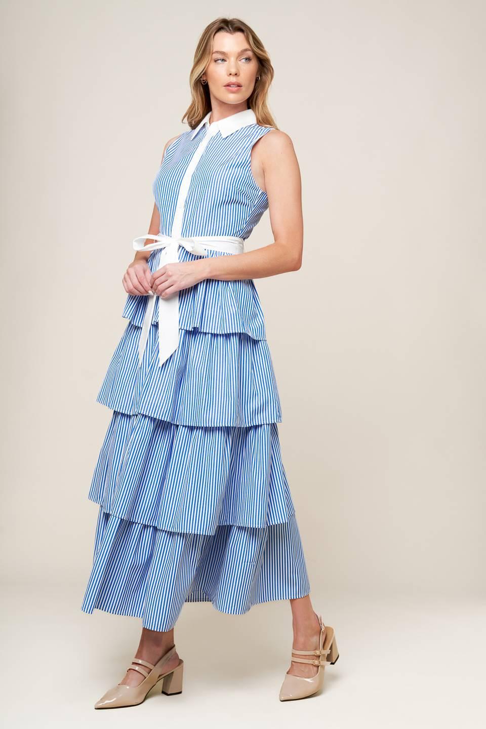 A Touch of Grace Woven Midi Dress in blue white stripe, view 4 — Soul Flow Apparel