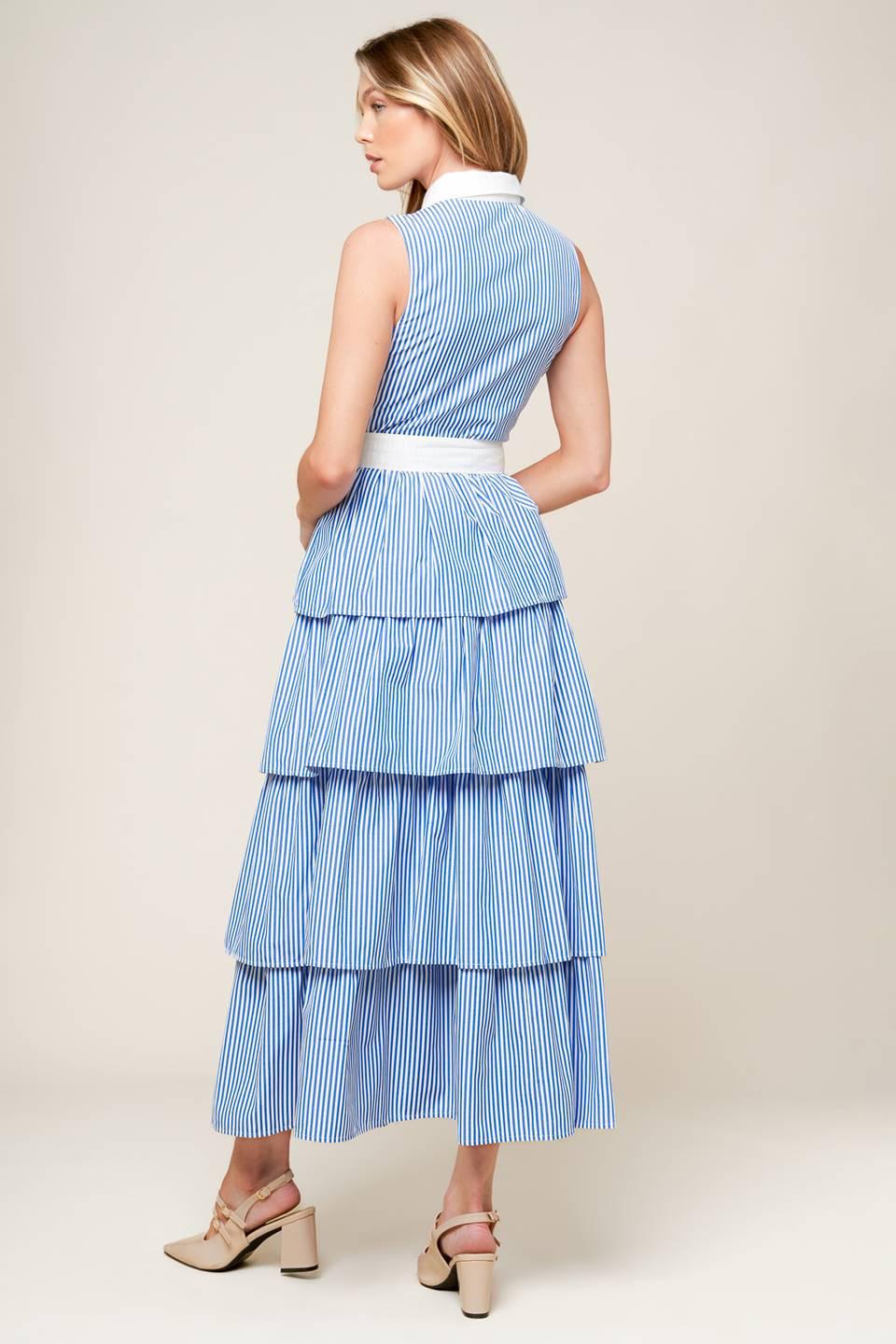 A Touch of Grace Woven Midi Dress in blue white stripe, view 5 — Soul Flow Apparel