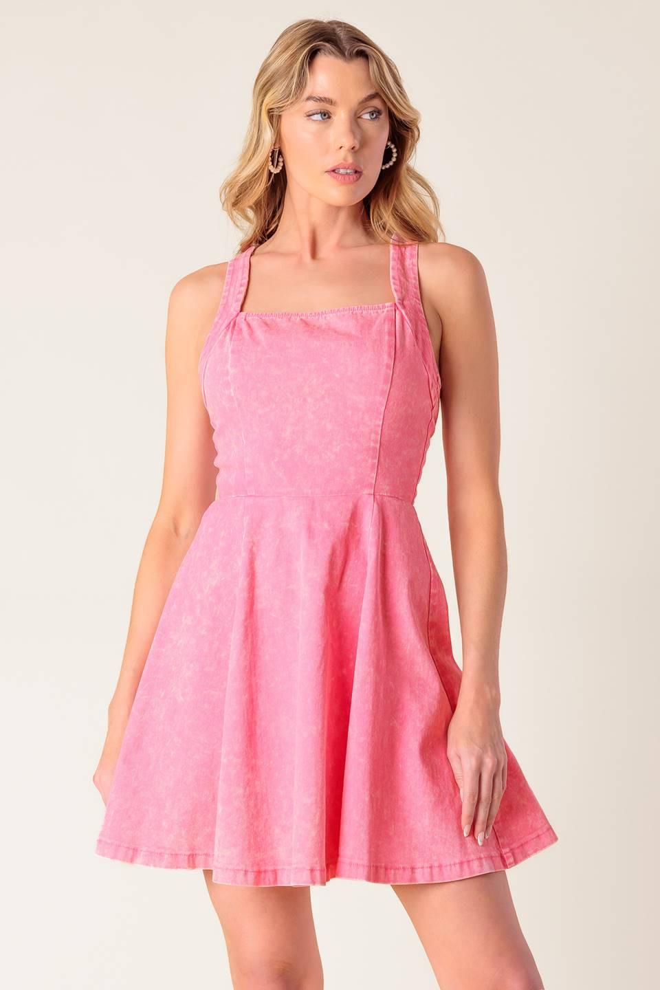 Hibiscus Hideaway Woven Mini Dress in pink acid, view 5 — Soul Flow Apparel