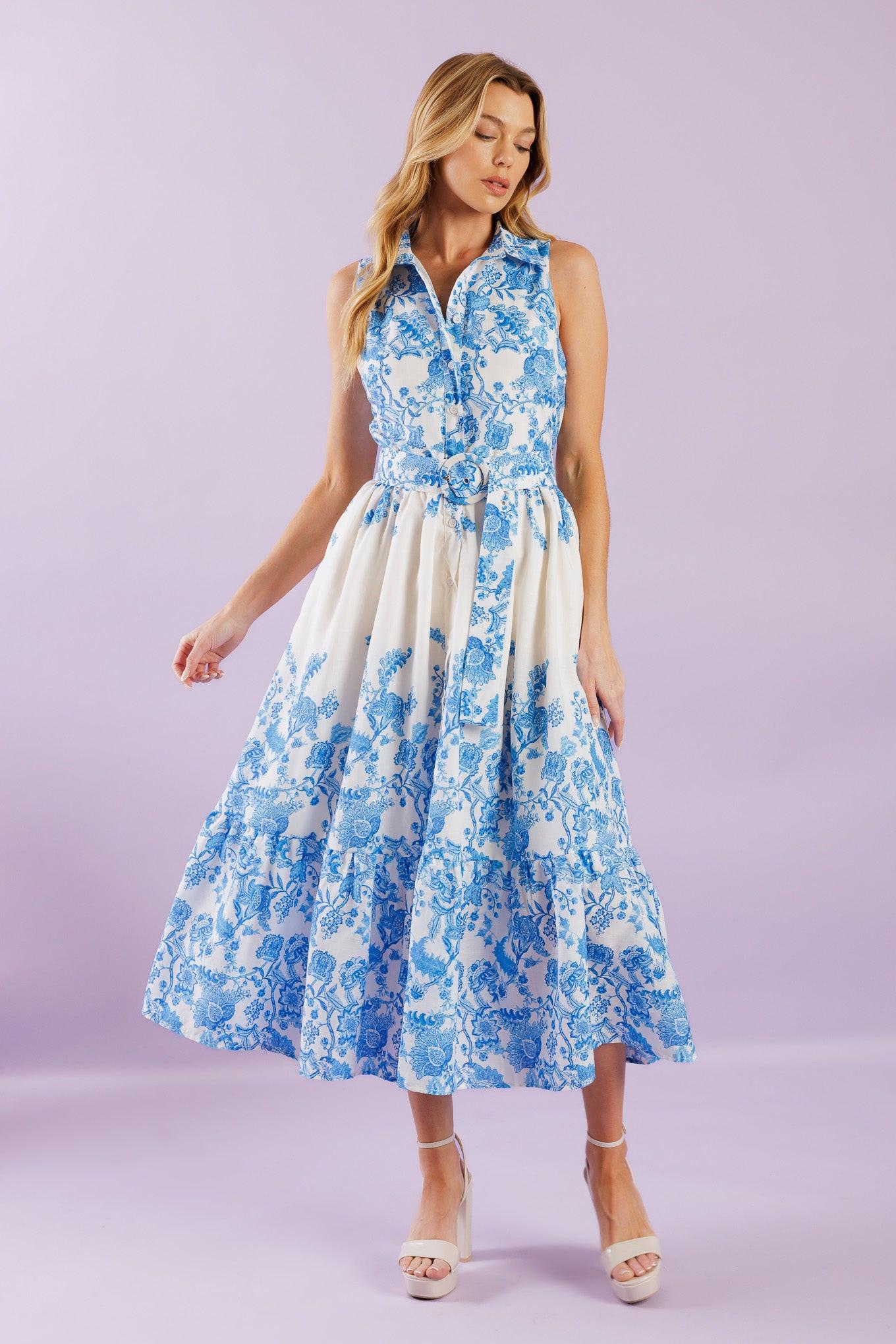 Palm Shores Woven Midi Dress in ivory blue, view 2 — Soul Flow Apparel