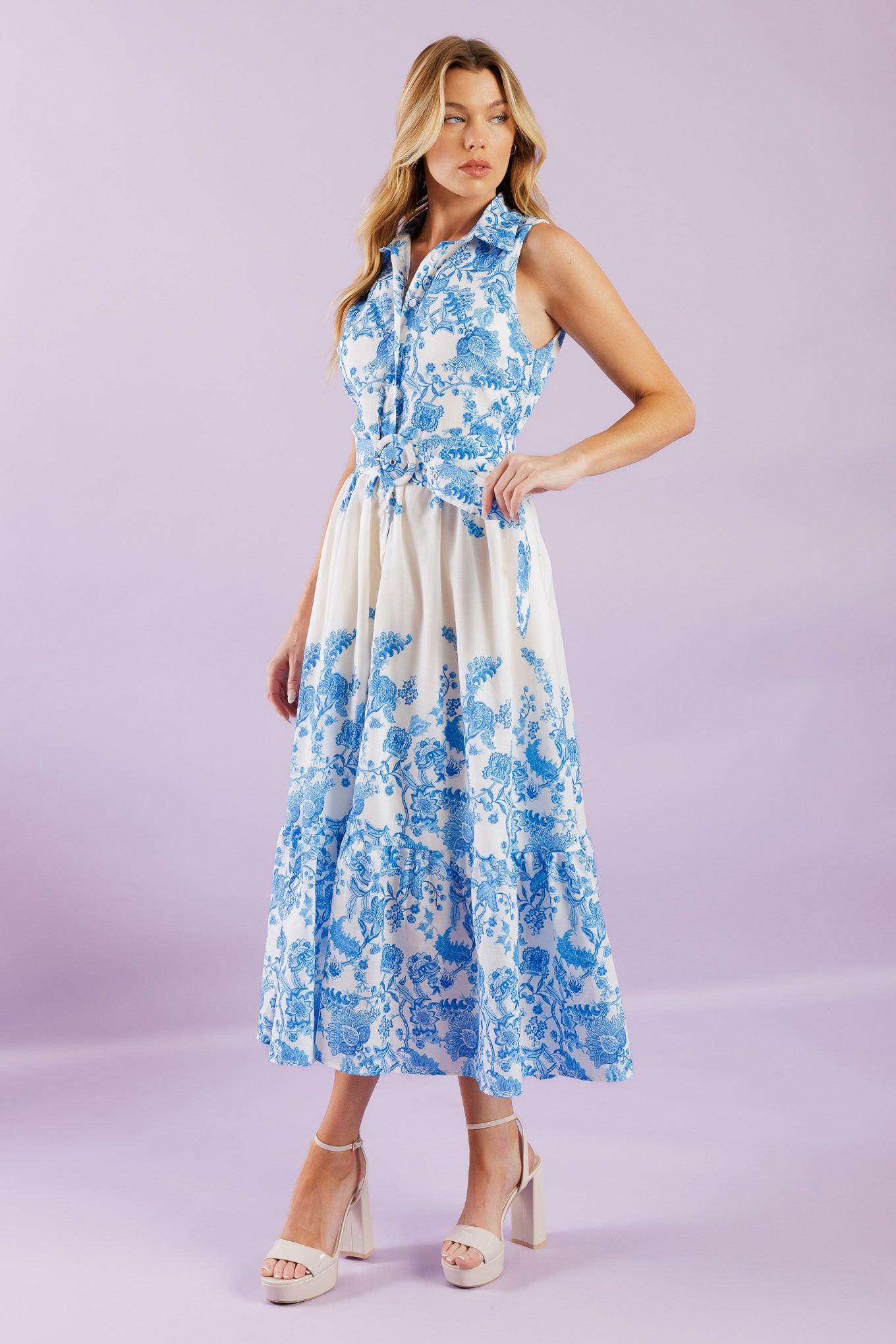 Palm Shores Woven Midi Dress in ivory blue, view 4 — Soul Flow Apparel