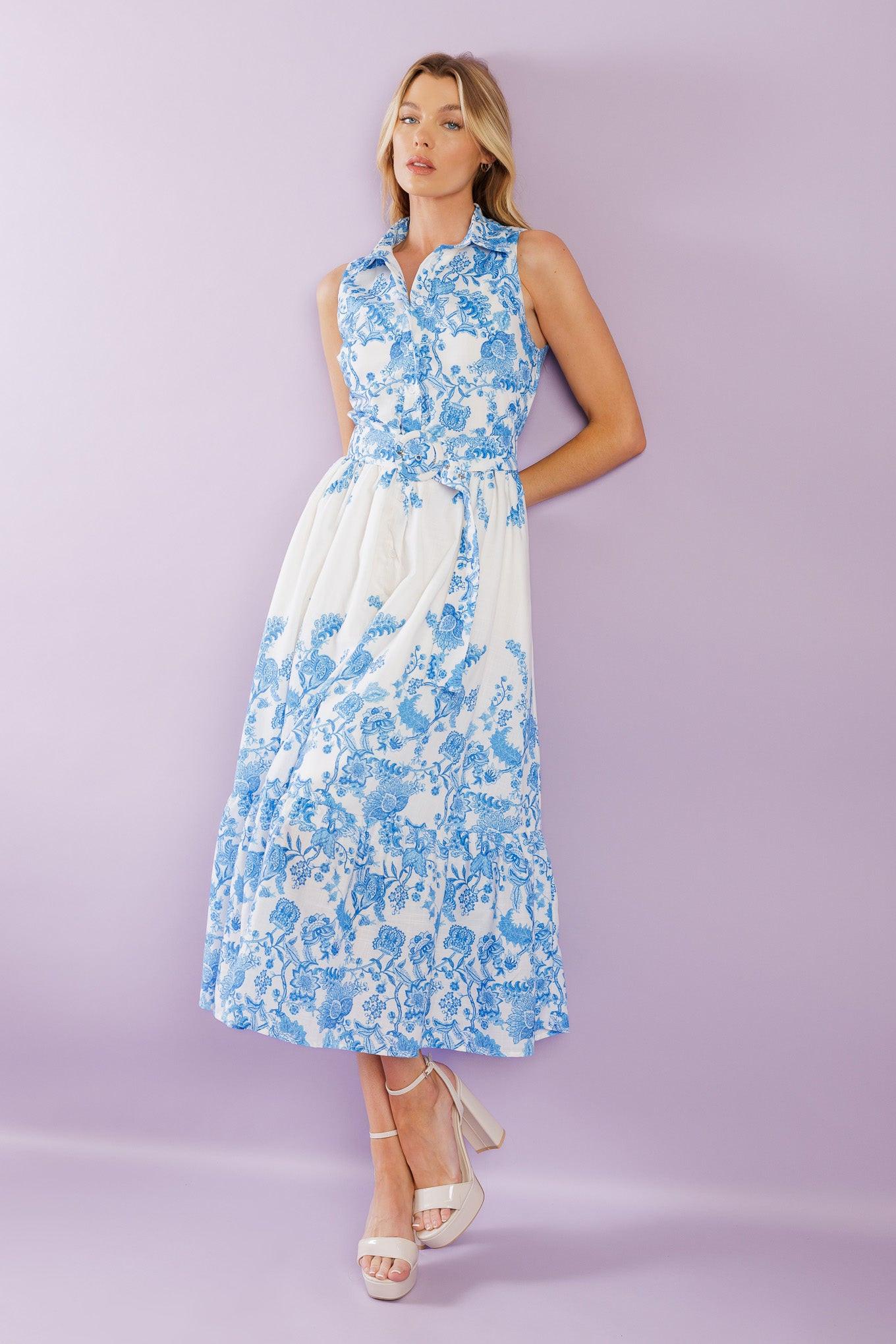 Palm Shores Woven Midi Dress in ivory blue, view 6 — Soul Flow Apparel
