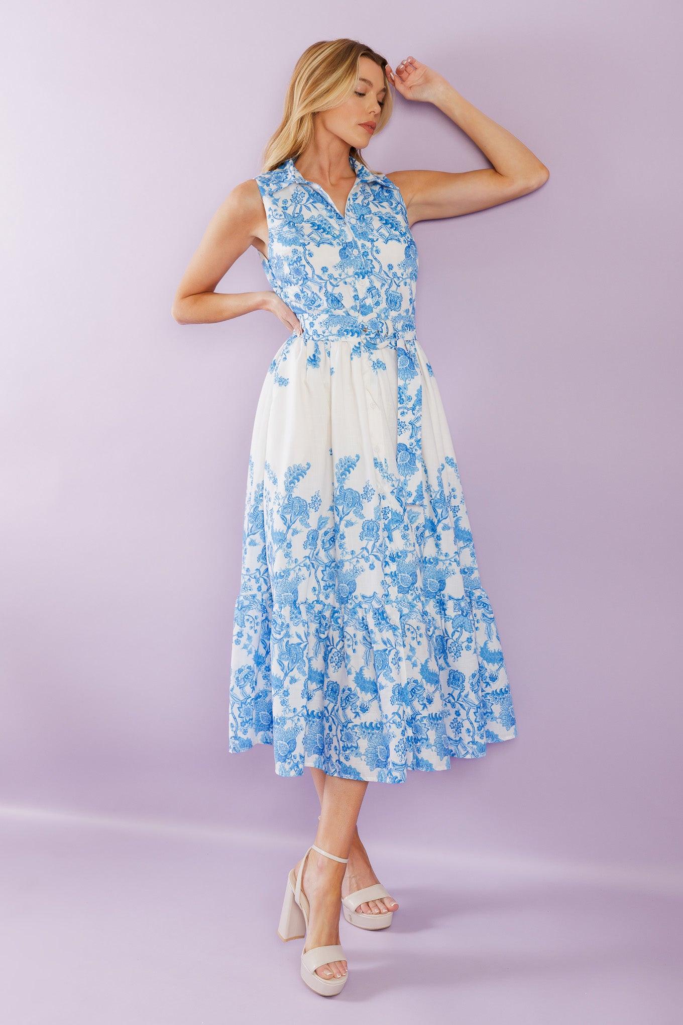 Palm Shores Woven Midi Dress in ivory blue, view 7 — Soul Flow Apparel
