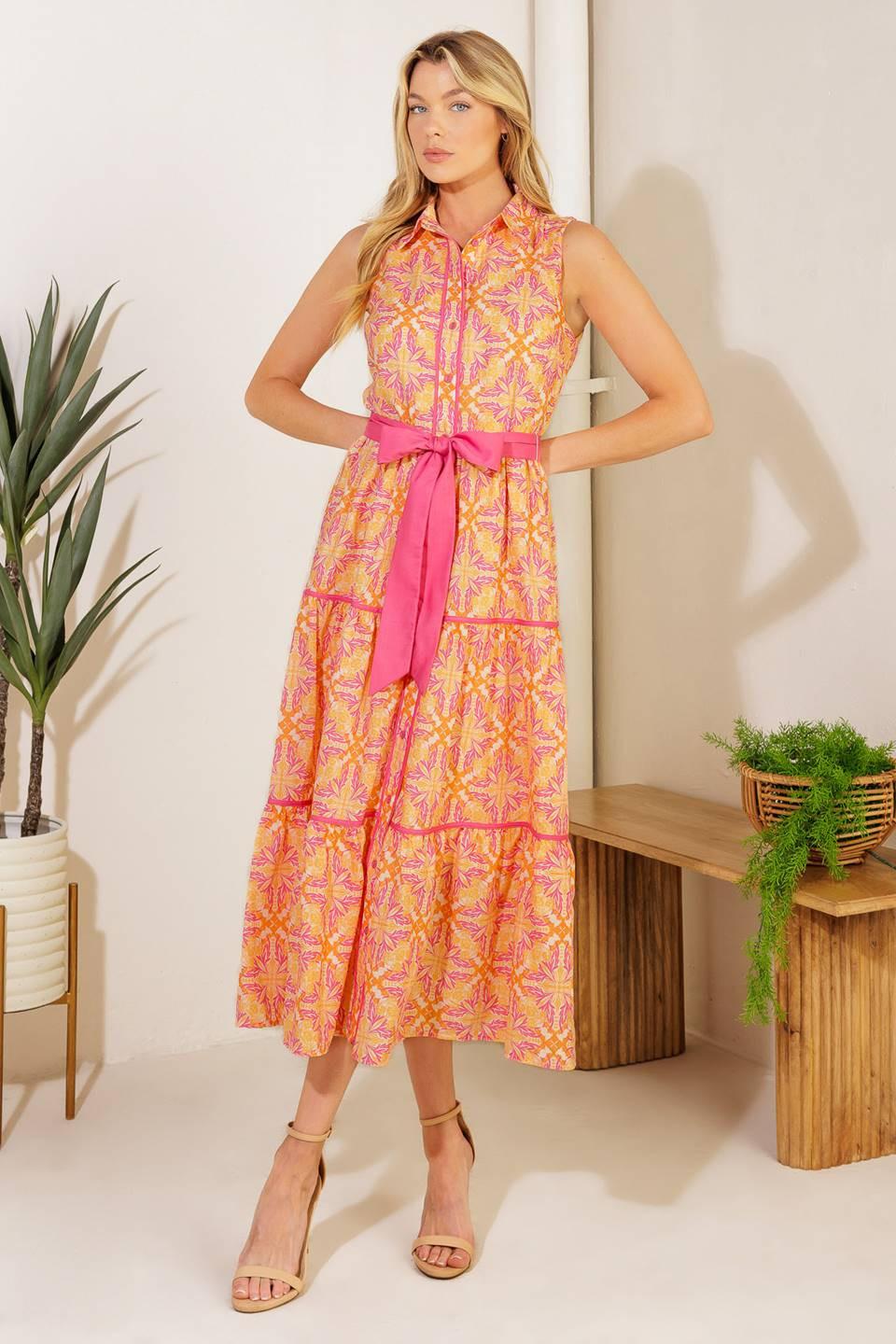 Rainforest Radiance Woven Midi Dress in orange pink, view 1 — Soul Flow Apparel