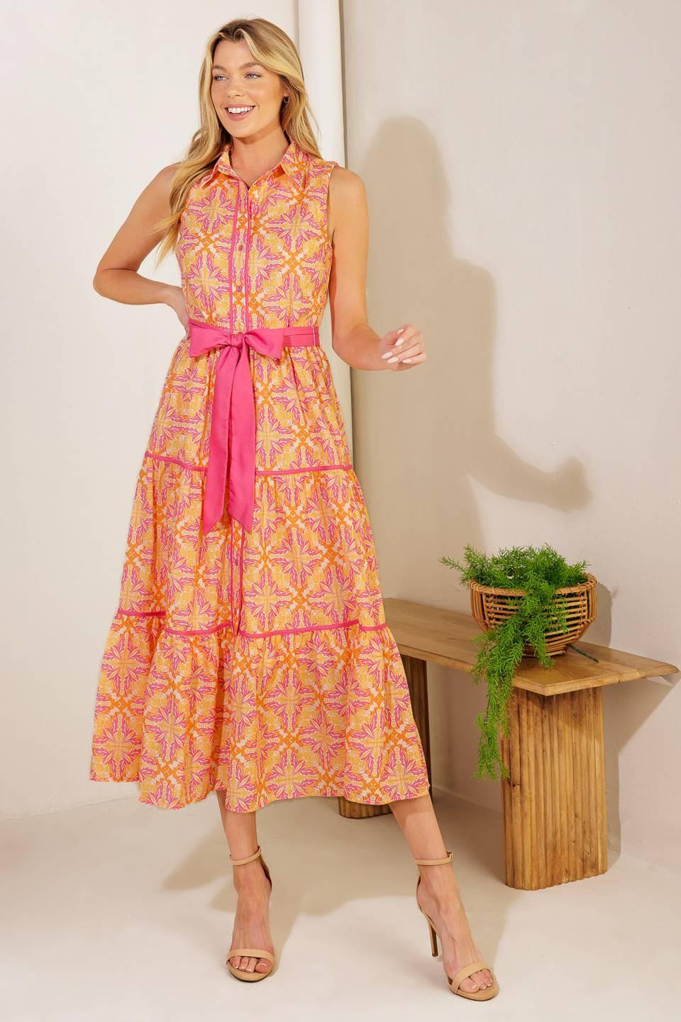 Rainforest Radiance Woven Midi Dress in orange pink, view 2 — Soul Flow Apparel