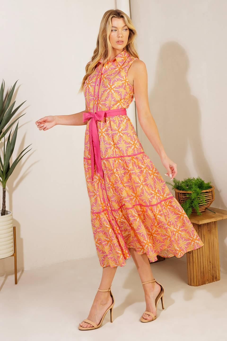Rainforest Radiance Woven Midi Dress in orange pink, view 3 — Soul Flow Apparel