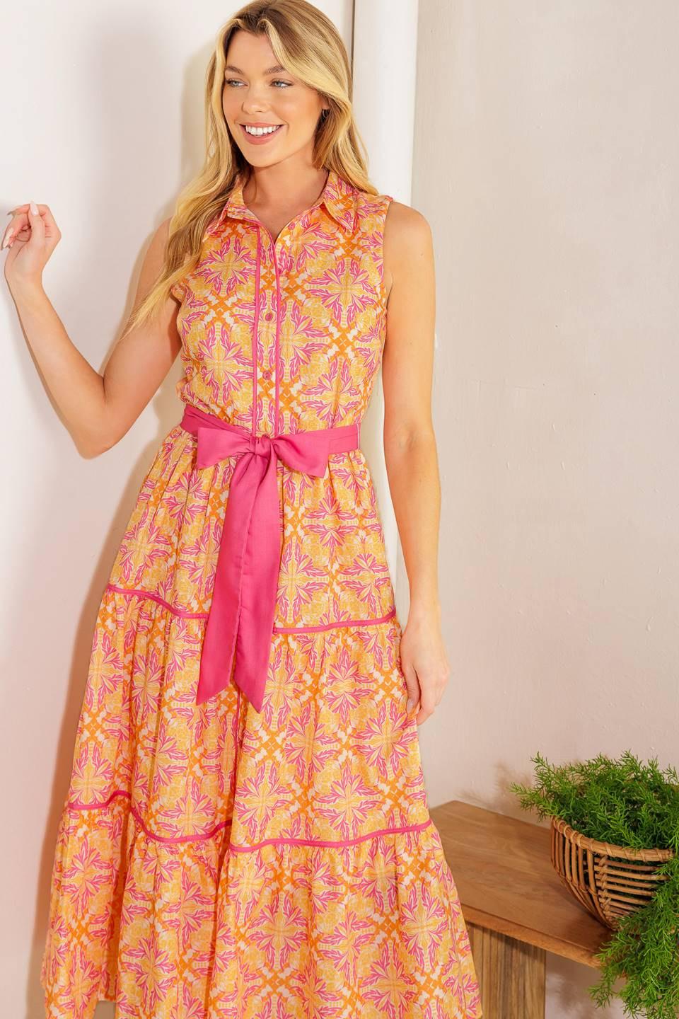 Rainforest Radiance Woven Midi Dress in orange pink, view 7 — Soul Flow Apparel