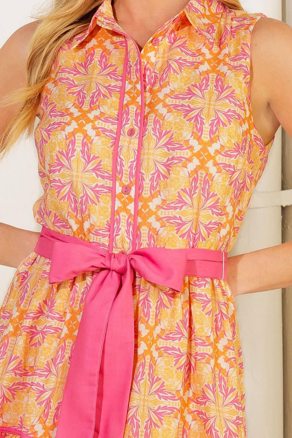 Rainforest Radiance Woven Midi Dress in orange pink, fabric swatch — Soul Flow Apparel