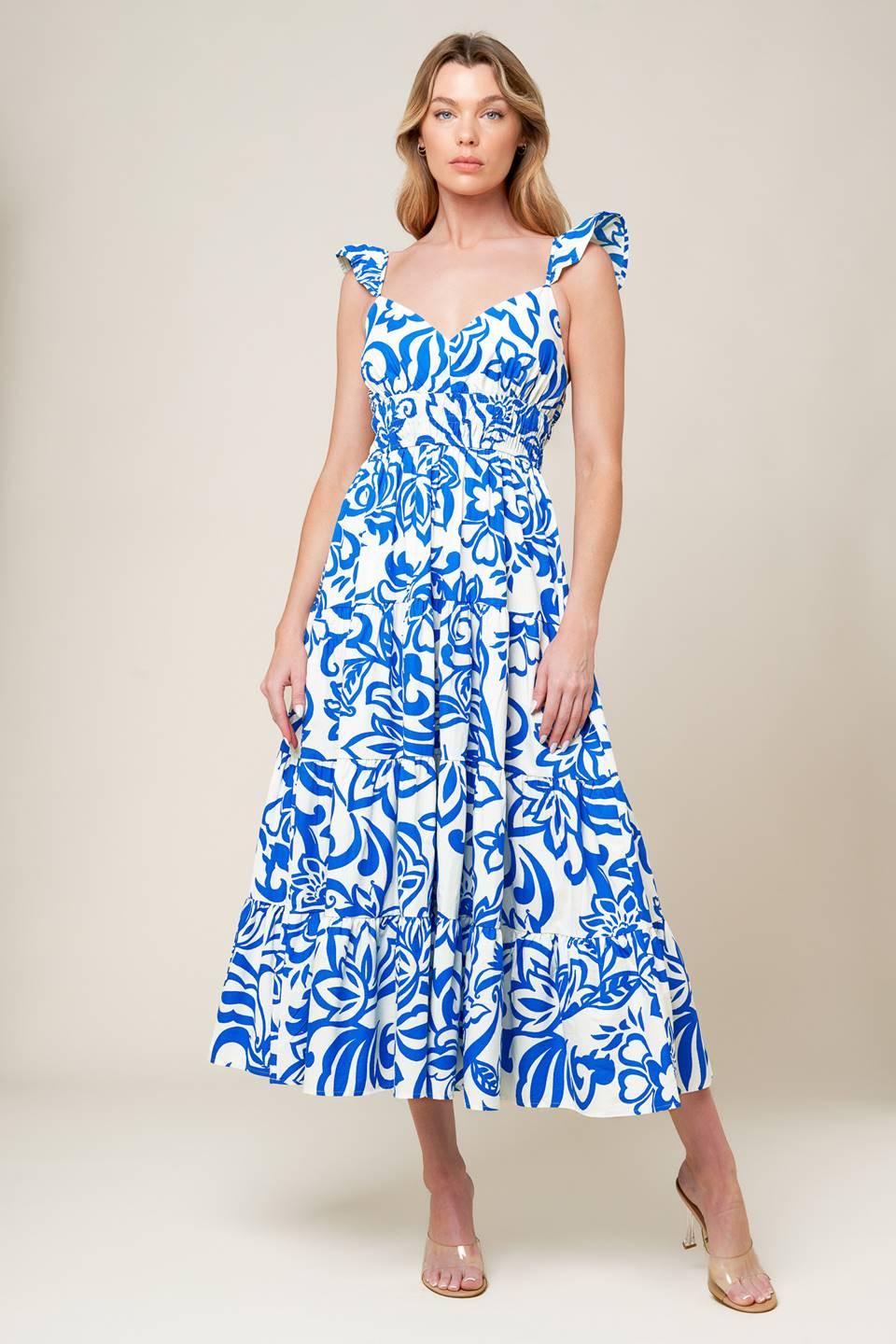Memorable Entrance Blue Woven Mdi Dress in ivory, view 1 — Soul Flow Apparel