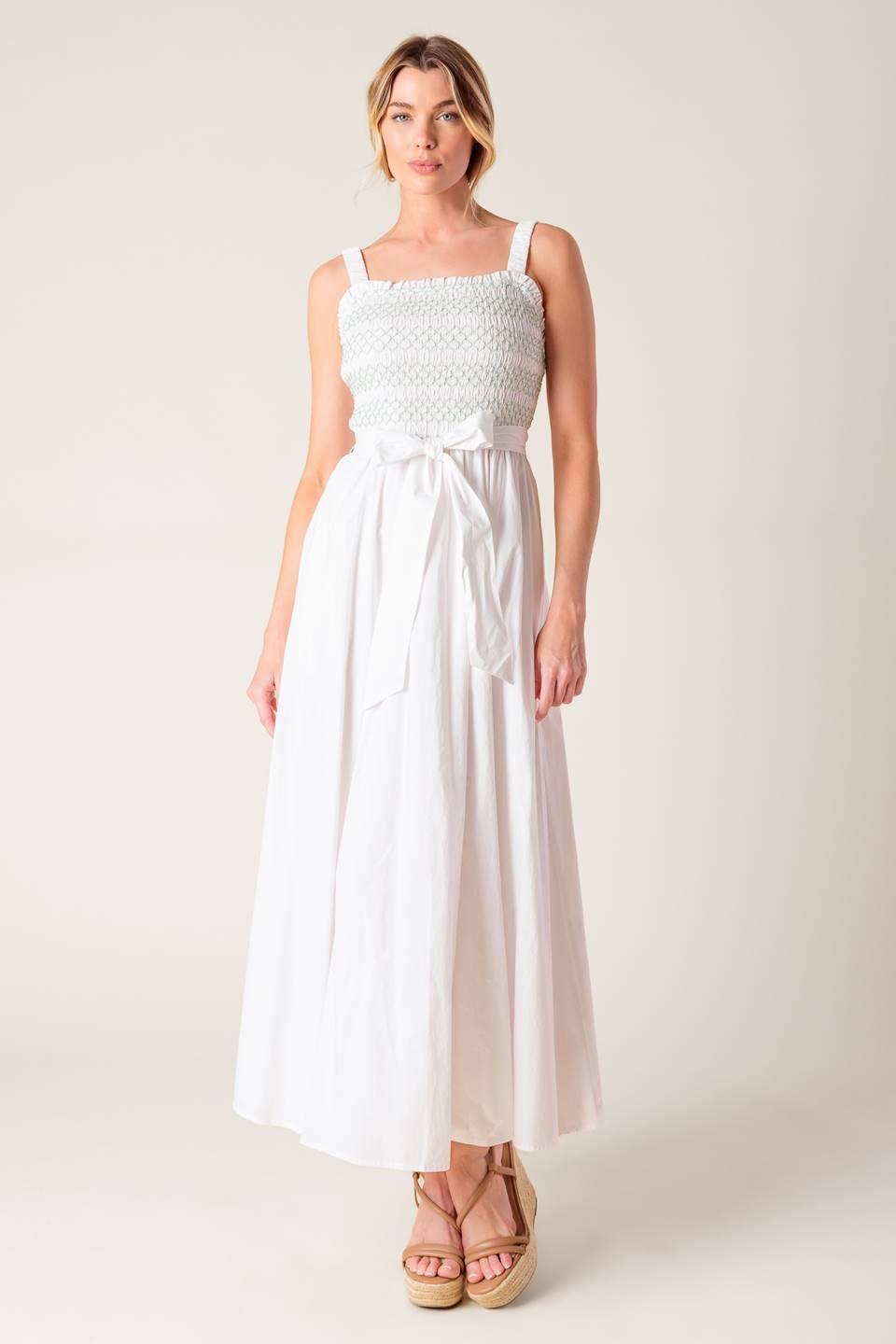 Romina Broderie Woven Midi Dress in off-white, view 1 — Soul Flow Apparel