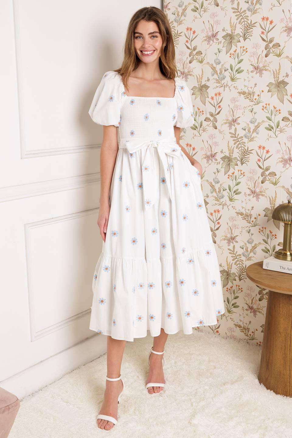 Luxe Lagoon Embroidered Midi Dress in ivory, view 3 — Soul Flow Apparel