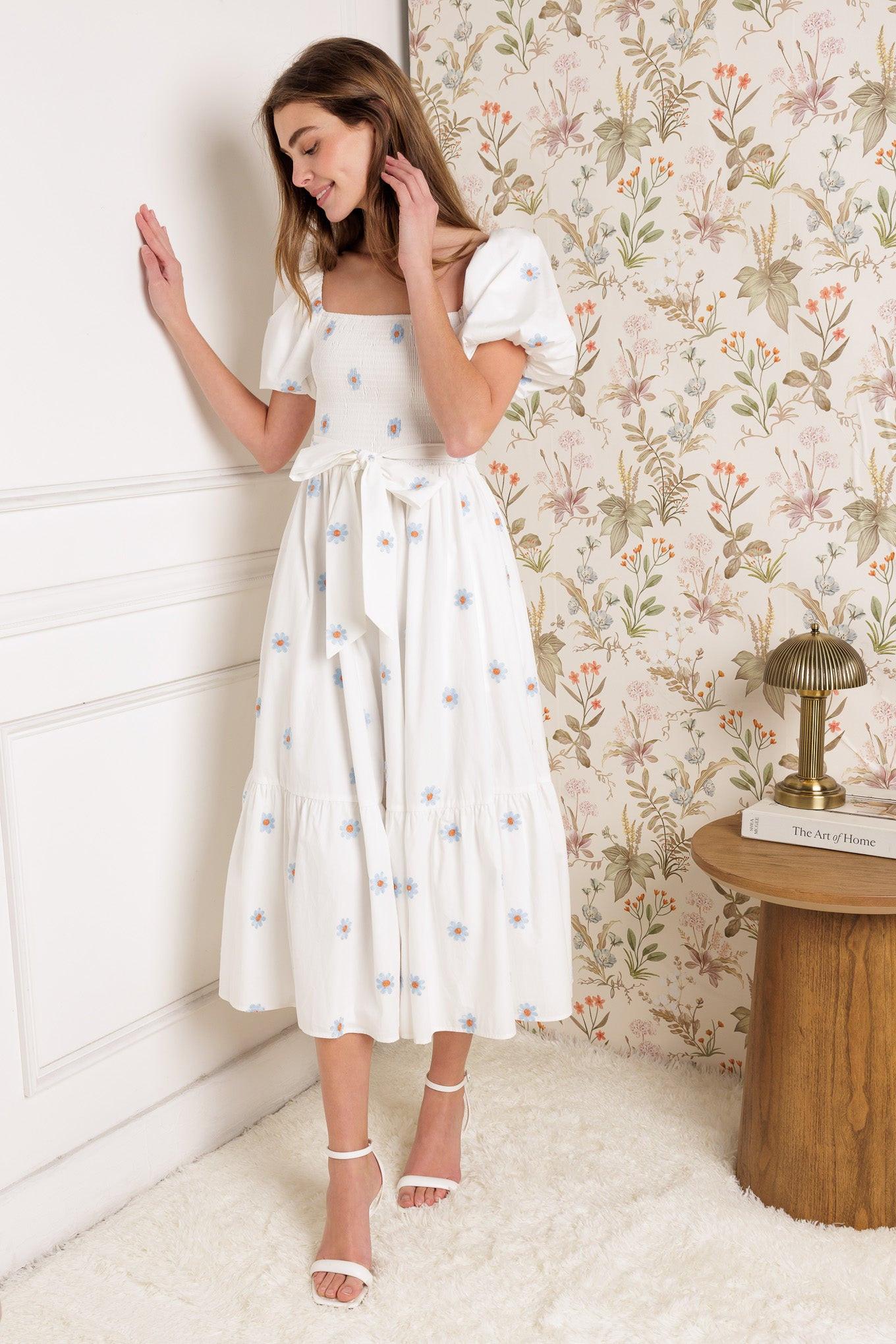 Luxe Lagoon Embroidered Midi Dress in ivory, view 5 — Soul Flow Apparel