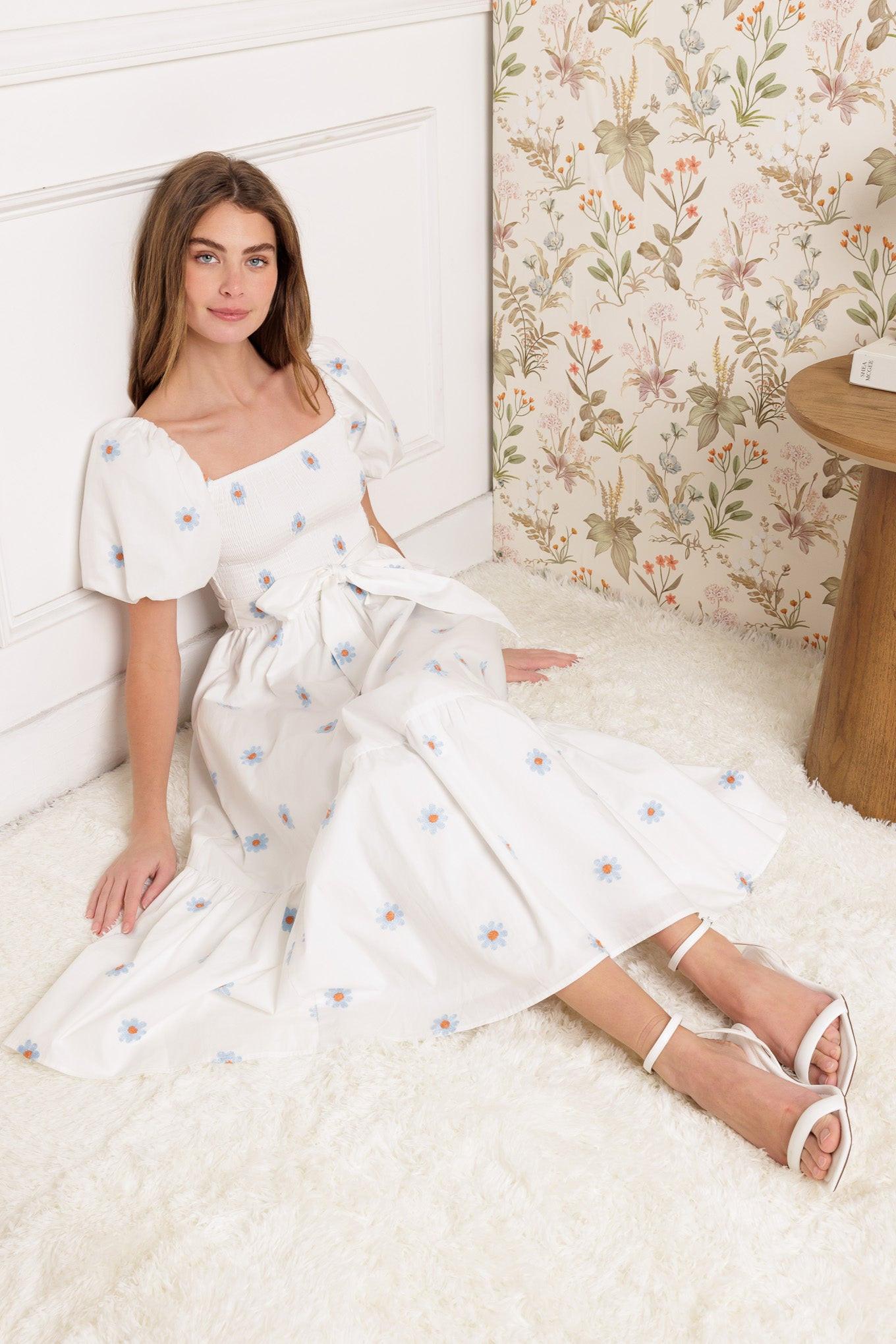 Luxe Lagoon Embroidered Midi Dress in ivory, view 7 — Soul Flow Apparel