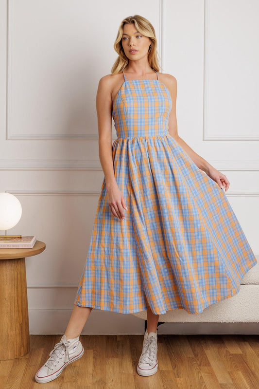 Sweet As Berries Woven Midi Dress in blue coral, view 2 — Soul Flow Apparel