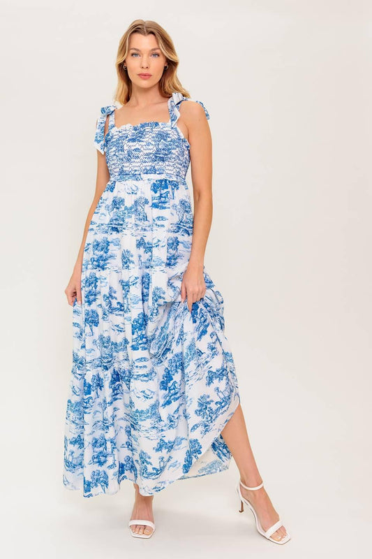 When in Rome Woven Midi Dress in white blue, view 1 — Soul Flow Apparel
