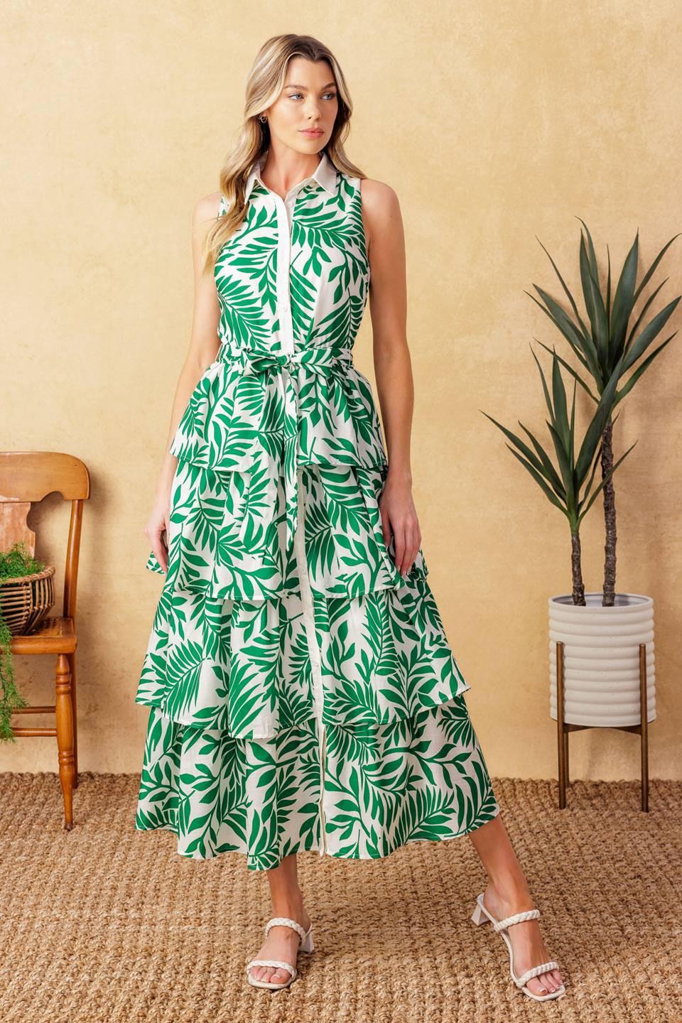 Park Avenue Woven Woven Midi Dress in ivory green, view 1 — Soul Flow Apparel