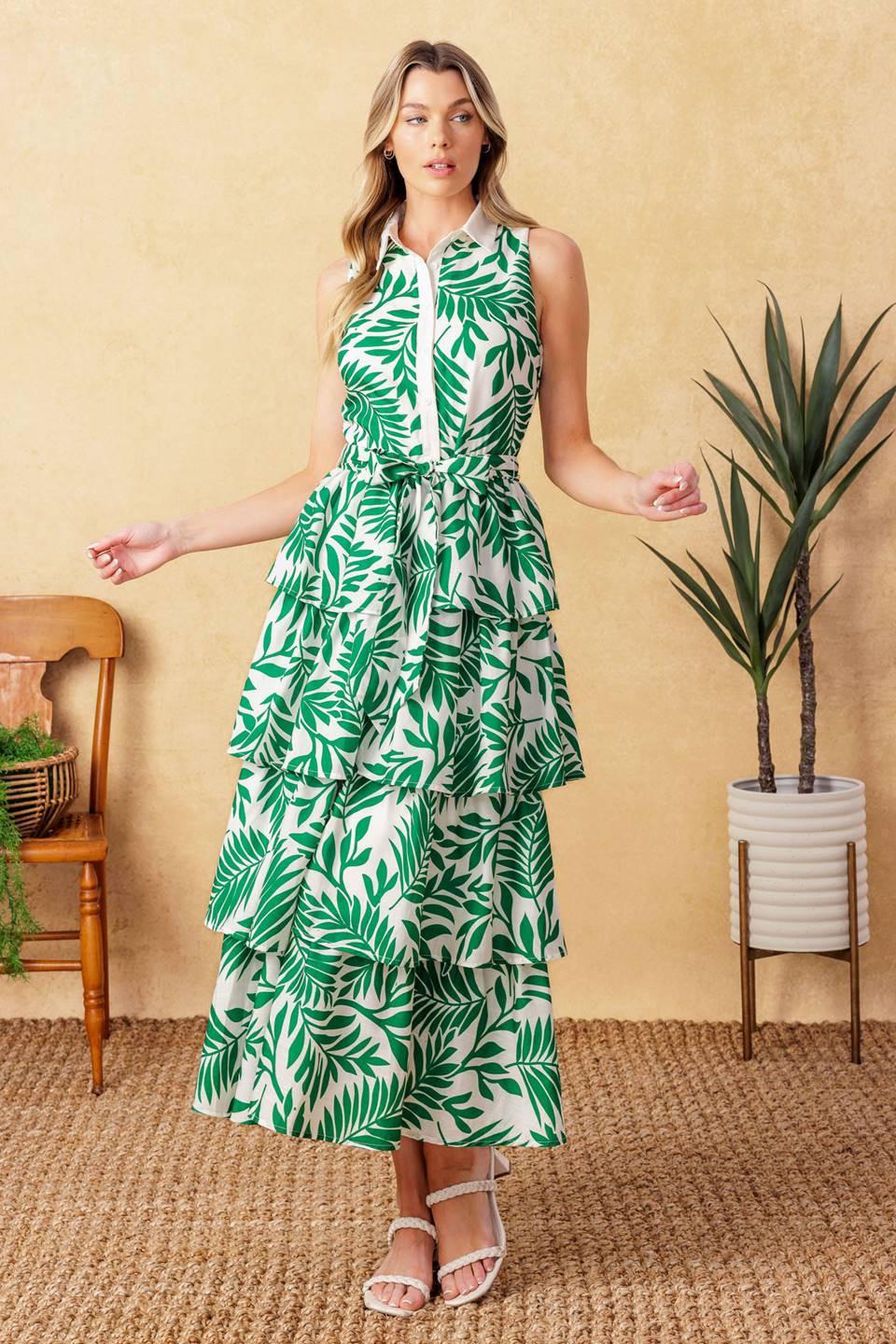 Park Avenue Woven Woven Midi Dress in ivory green, view 2 — Soul Flow Apparel