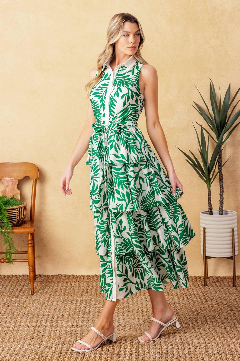 Park Avenue Woven Woven Midi Dress in ivory green, view 3 — Soul Flow Apparel