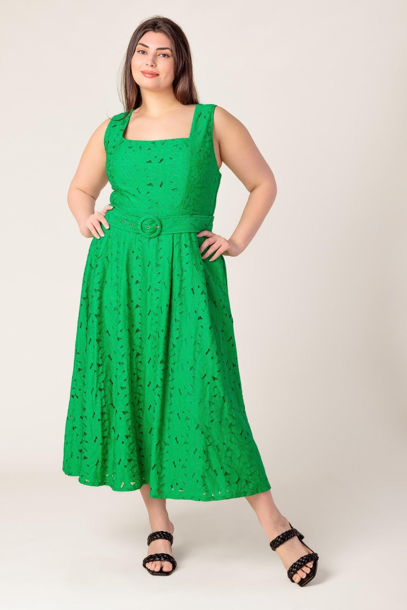 Daffodils & Daydreams Woven Lace Midi Dress in green, view 1 — Soul Flow Apparel