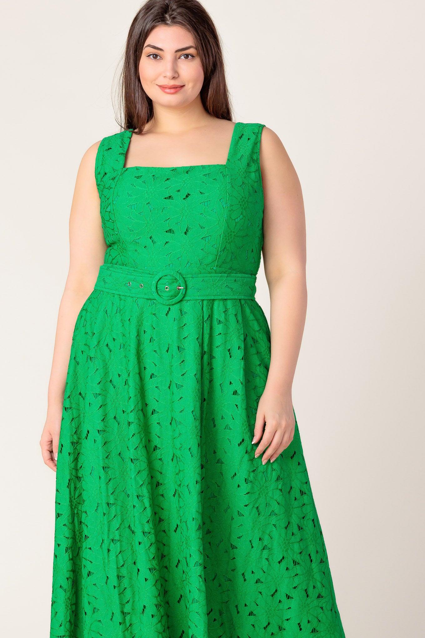 Daffodils & Daydreams Woven Lace Midi Dress in green, view 2 — Soul Flow Apparel