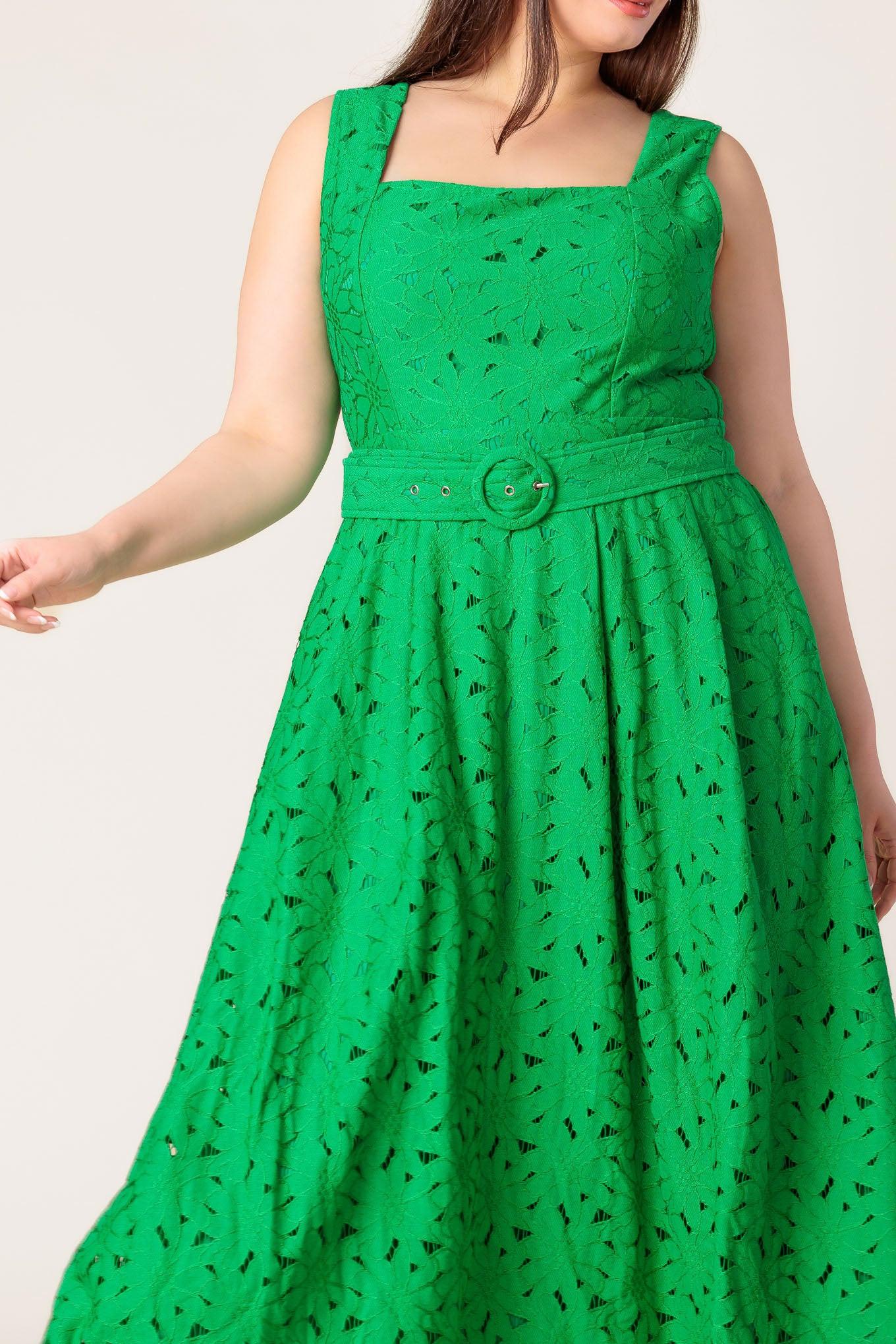 Daffodils & Daydreams Woven Lace Midi Dress in green, view 3 — Soul Flow Apparel