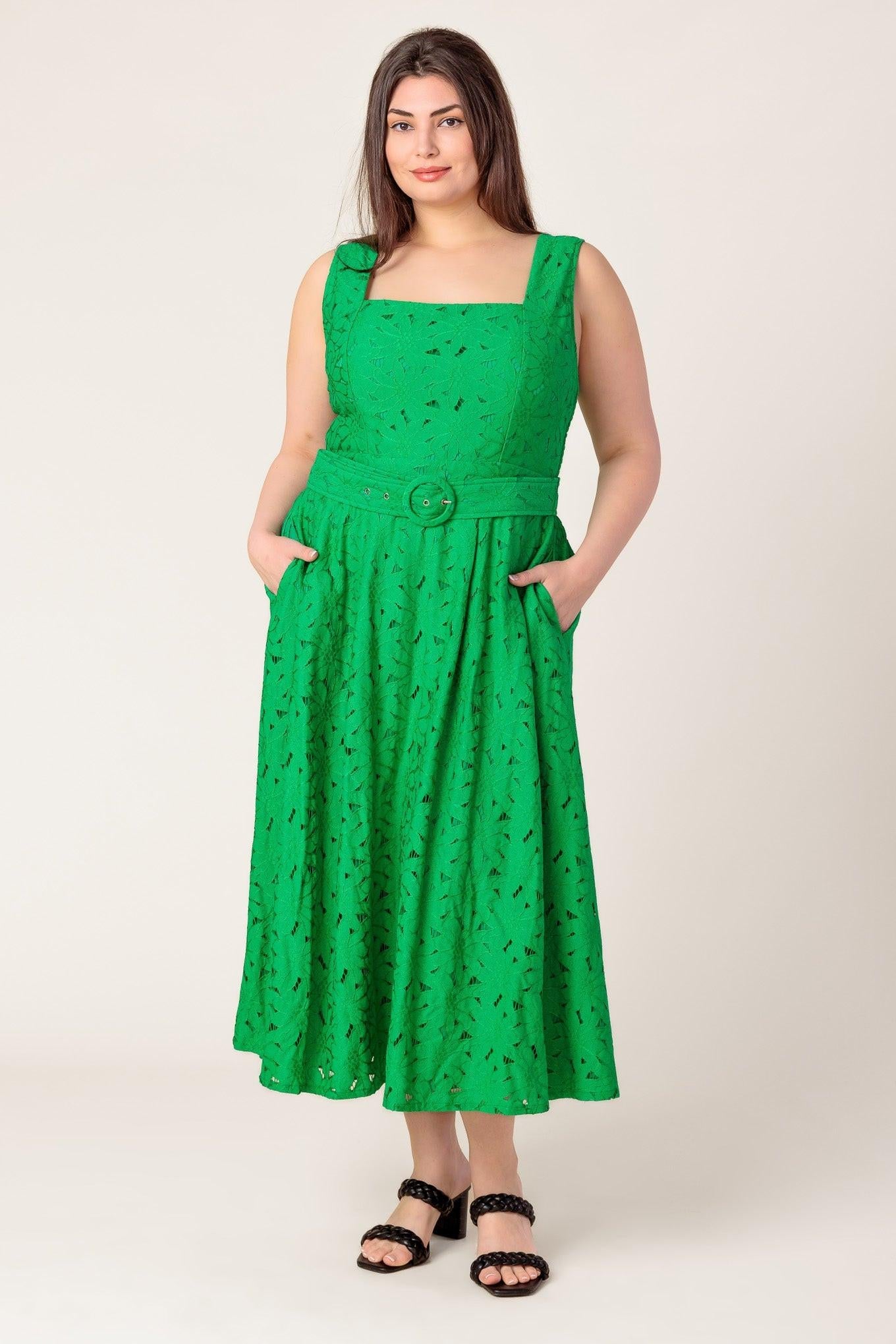 Daffodils & Daydreams Woven Lace Midi Dress in green, view 4 — Soul Flow Apparel