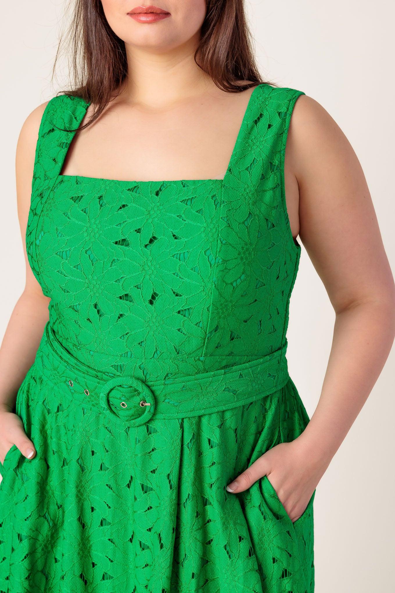 Daffodils & Daydreams Woven Lace Midi Dress in green, view 5 — Soul Flow Apparel