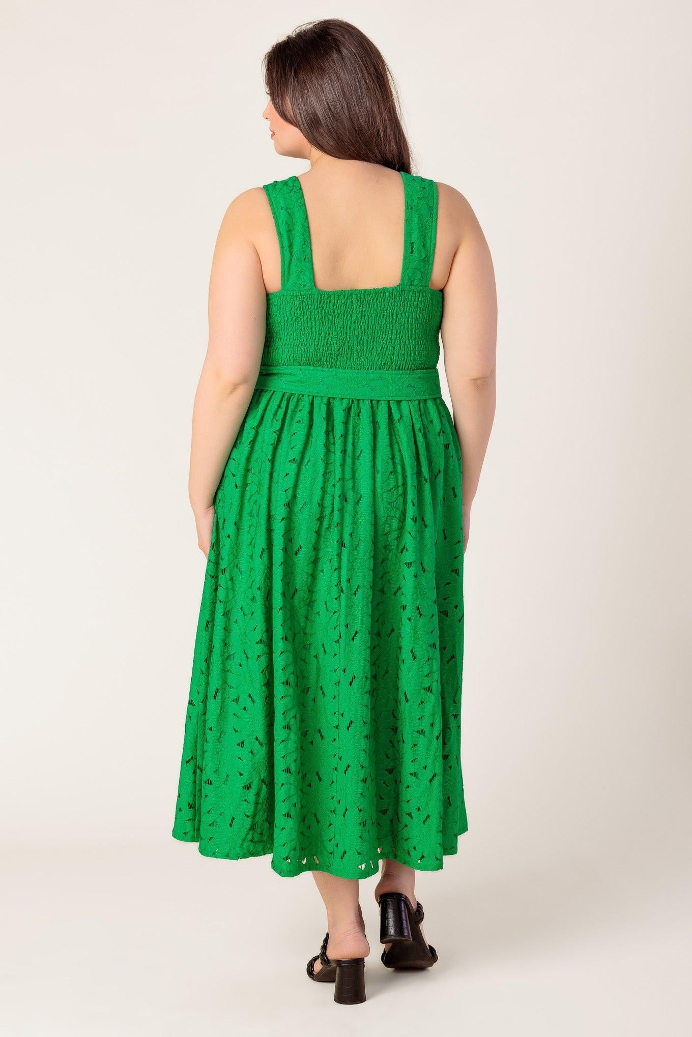 Daffodils & Daydreams Woven Lace Midi Dress in green, view 7 — Soul Flow Apparel