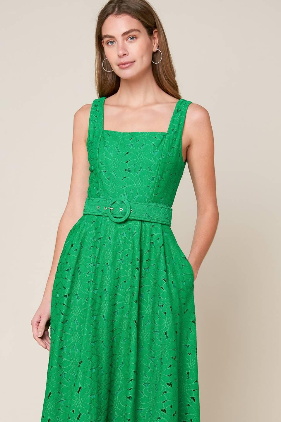Daffodils & Daydreams Woven Lace Midi Dress in green, view 1 — Soul Flow Apparel