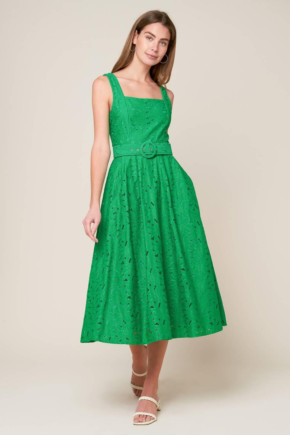 Daffodils & Daydreams Woven Lace Midi Dress in green, view 2 — Soul Flow Apparel