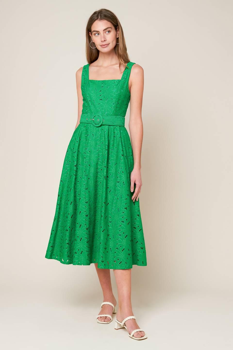Daffodils & Daydreams Woven Lace Midi Dress in green, view 3 — Soul Flow Apparel