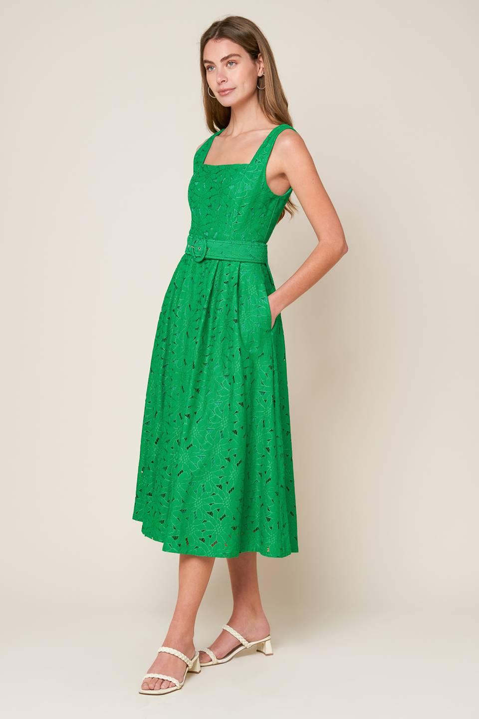 Daffodils & Daydreams Woven Lace Midi Dress in green, view 4 — Soul Flow Apparel