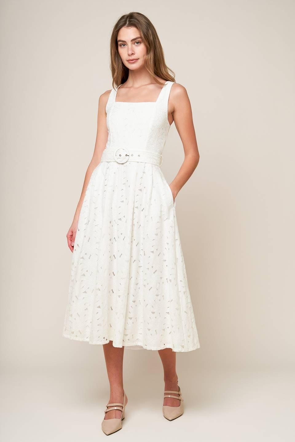 Daffodils & Daydreams Woven Lace Midi Dress in off-white, view 1 — Soul Flow Apparel