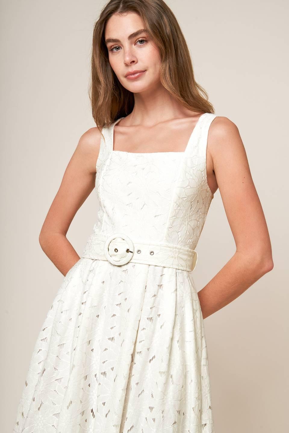 Daffodils & Daydreams Woven Lace Midi Dress in off-white, view 2 — Soul Flow Apparel