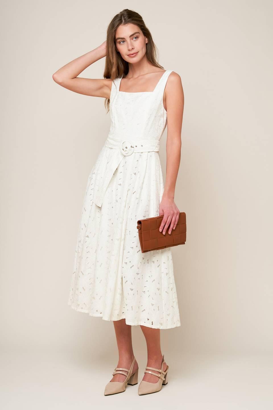 Daffodils & Daydreams Woven Lace Midi Dress in off-white, view 3 — Soul Flow Apparel