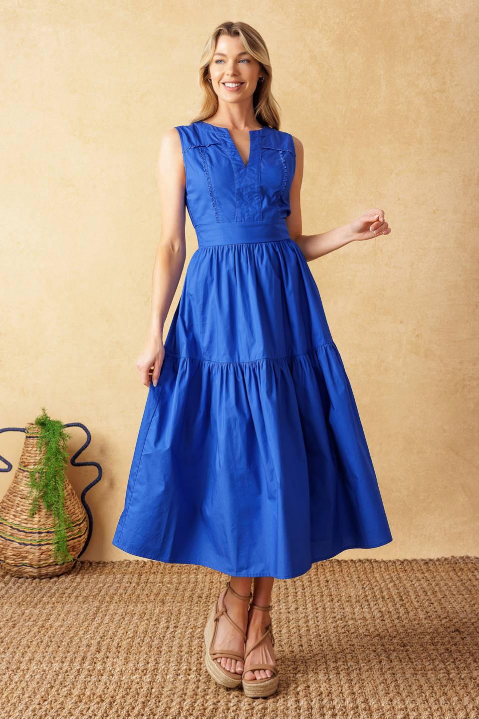 Mystic Mirage Woven Midi Dress in blue, view 2 — Soul Flow Apparel