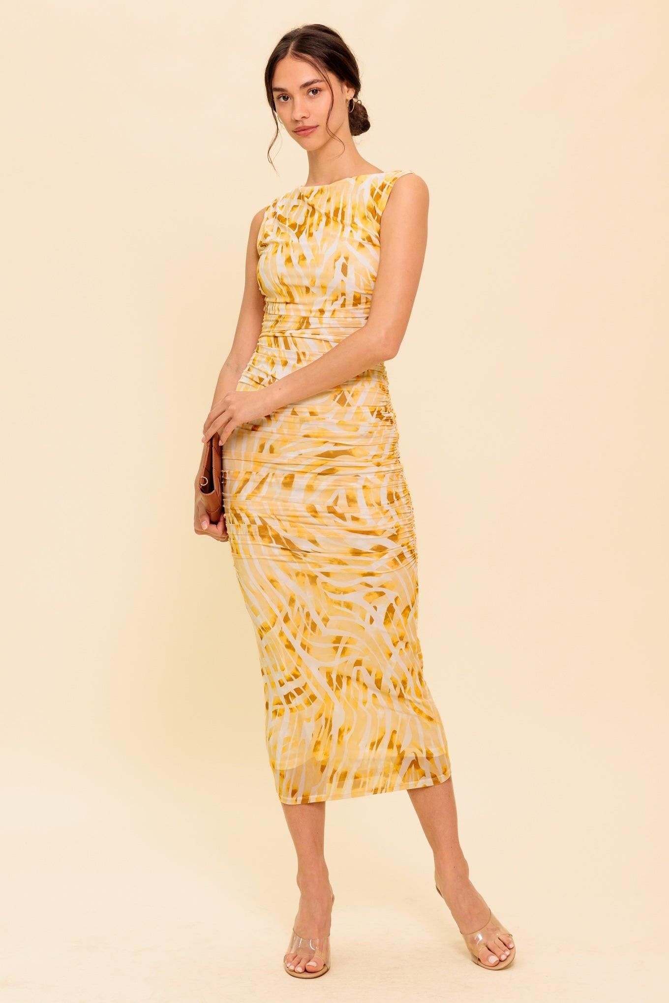 Sweet As Ever Power Mesh Bodycon Midi Dress in taupe, view 4 — Soul Flow Apparel