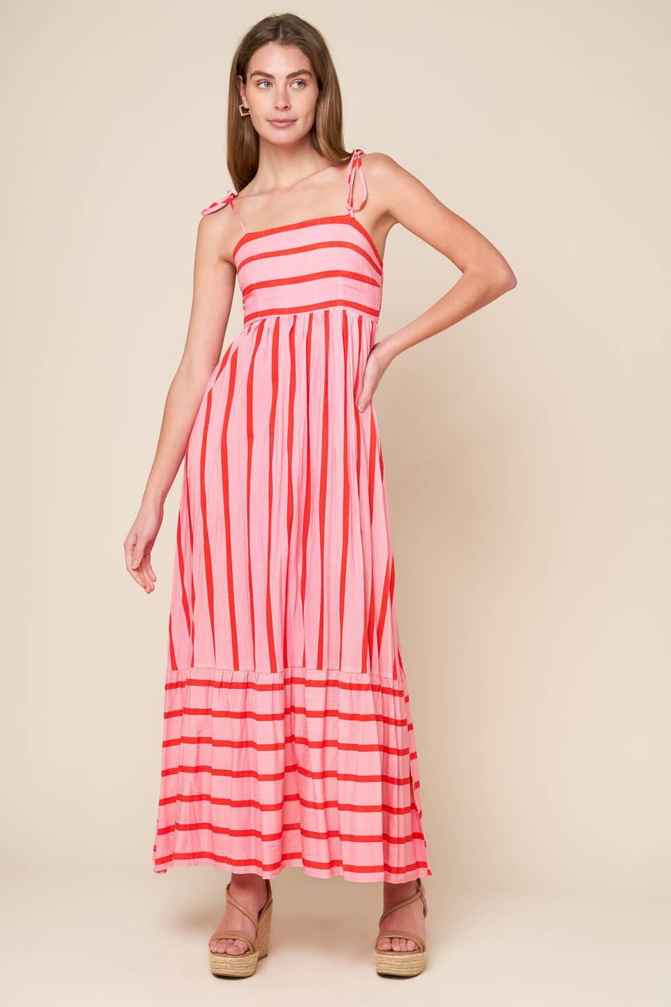 Speak Now Woven Midi Dress in pink red, view 1 — Soul Flow Apparel