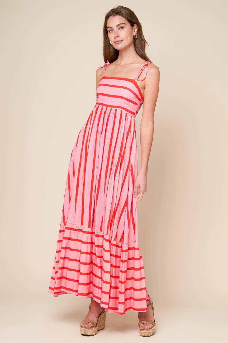 Speak Now Woven Midi Dress in pink red, view 2 — Soul Flow Apparel